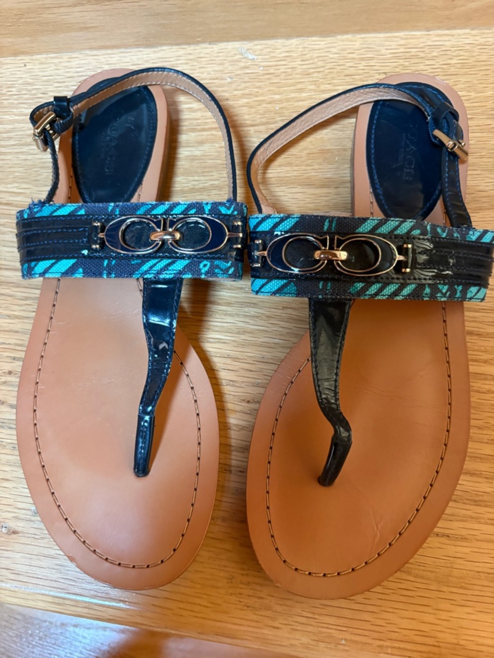 Coach Teal & Black T-Strap Sandals